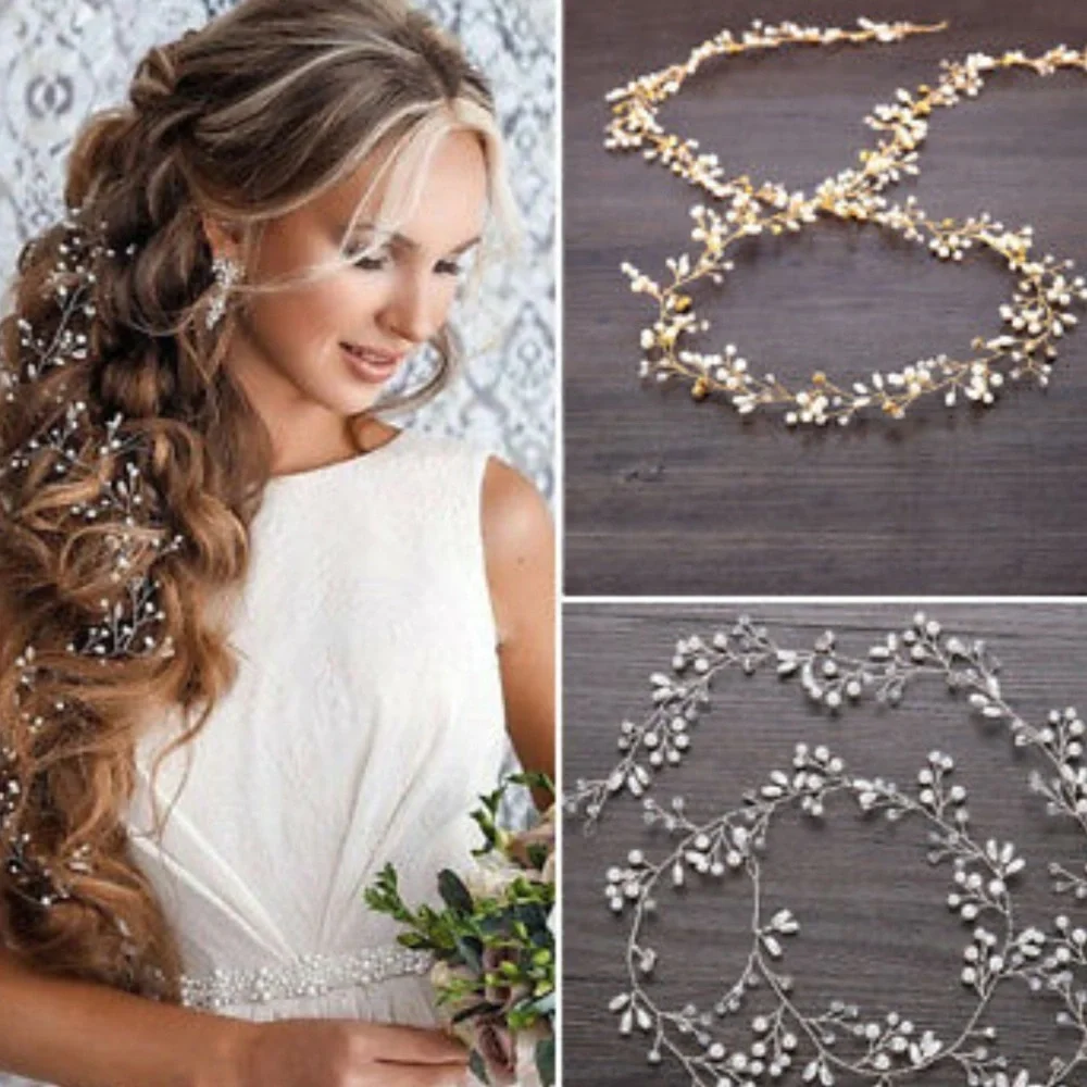 Stunning Pearl, Crystal & Gold Wire Hair Garland